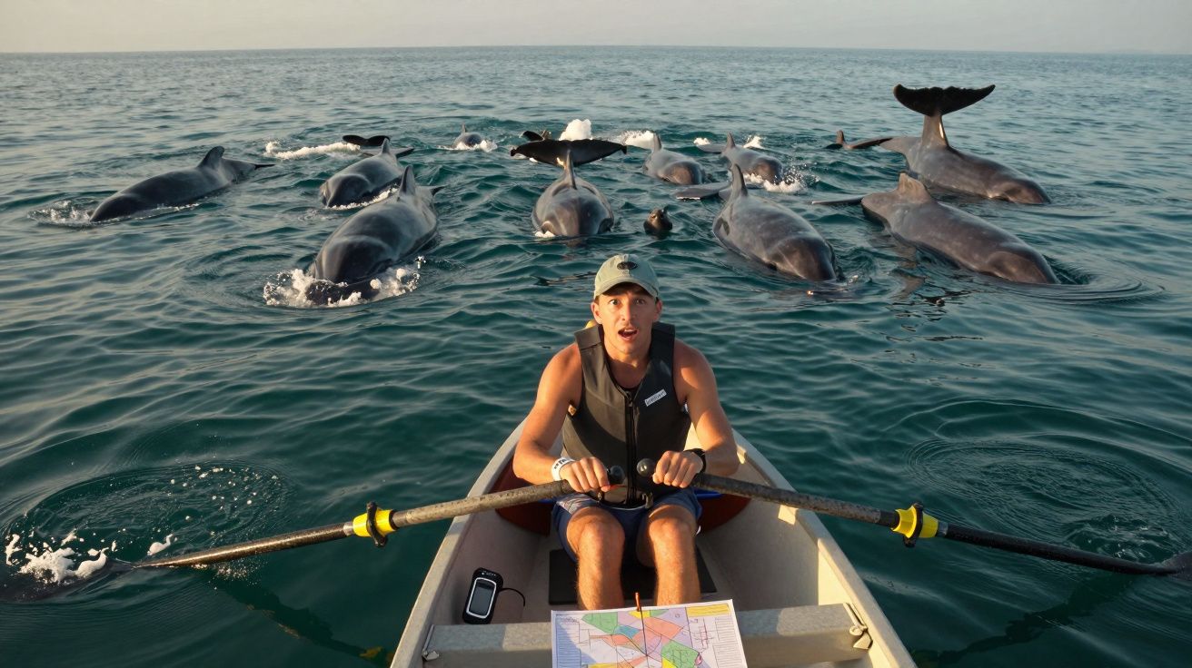 Homem a remar num bote rodeado por golfinhos no mar, com um mapa e telemóvel visíveis.