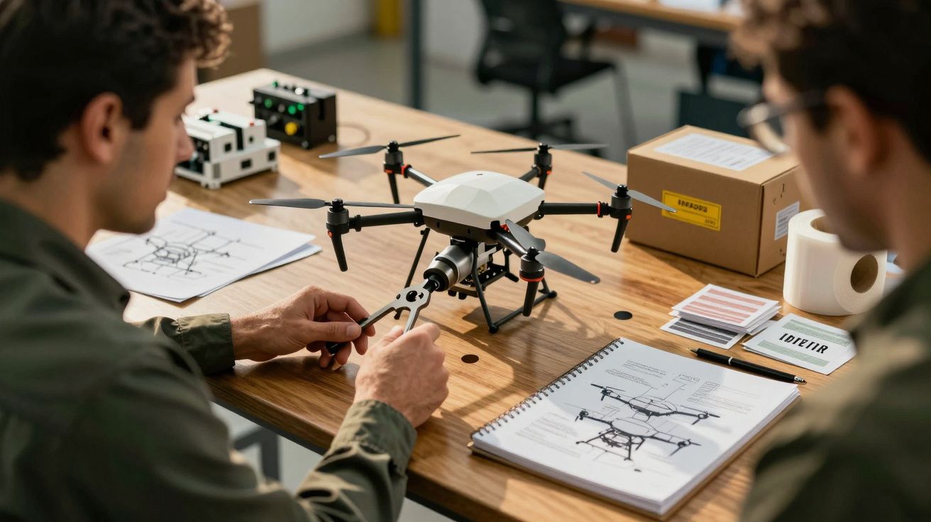 Dois homens trabalham num drone sobre uma mesa com documentos e ferramentas.