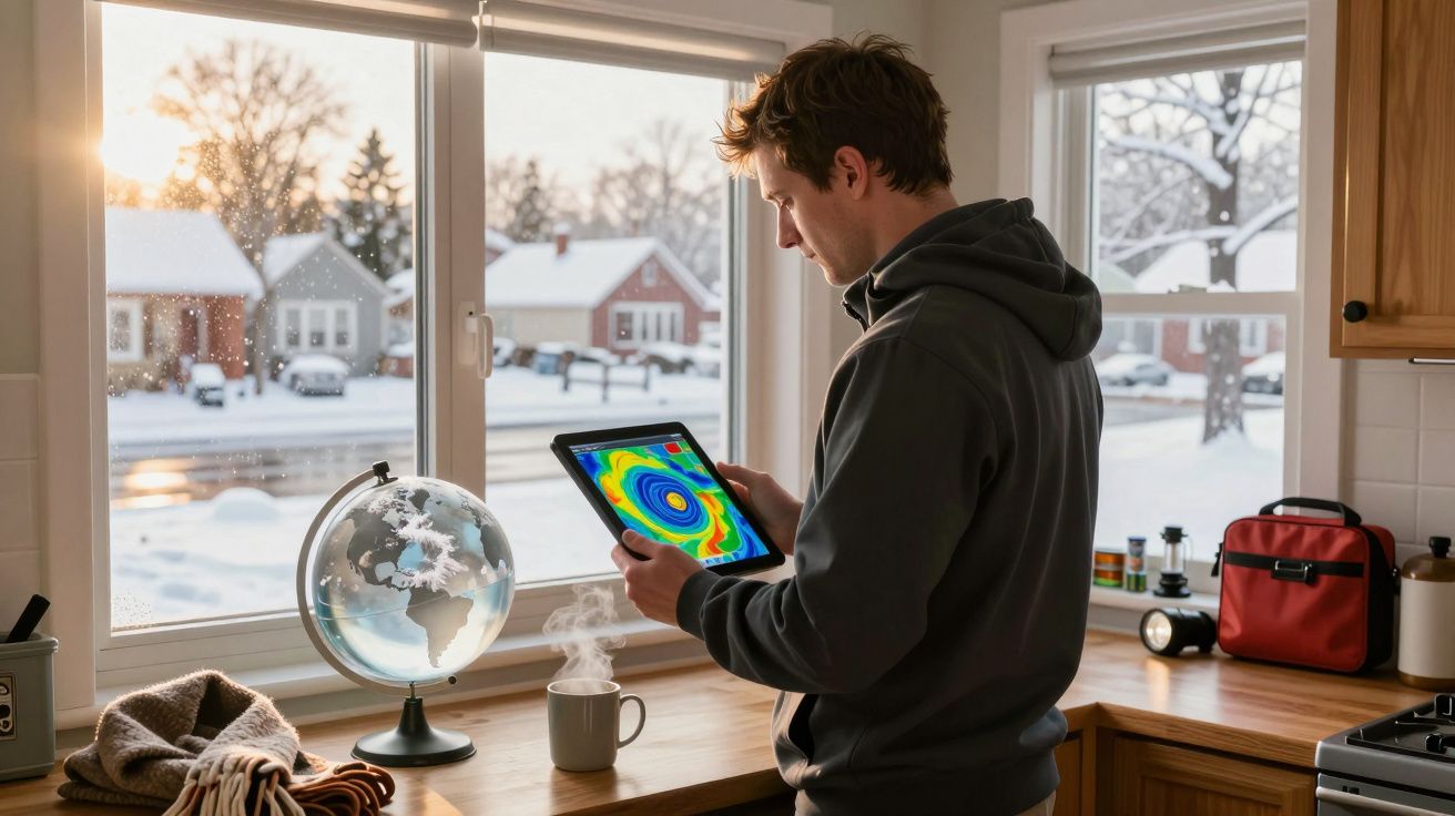 Homem observa tablet com mapa de clima, ao lado de um globo e chá quente, numa cozinha com janela para paisagem nevada.