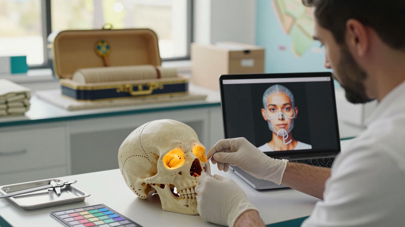 Homem analisa crânio em mesa com computador ao fundo mostrando imagem de face feminina com marcações.