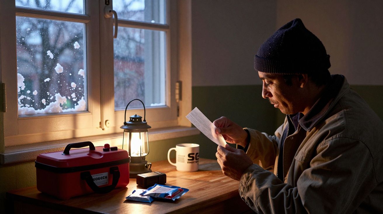 Homem sentado numa mesa lendo uma carta à luz de uma lanterna. Neve acumulada na janela ao fundo.