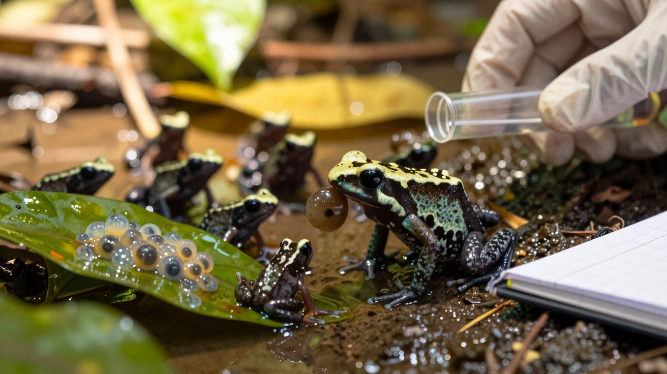 Várias rãs coloridas num habitat, ovo em folha, mão com luva e tubo de ensaio perto de caderno à direita.