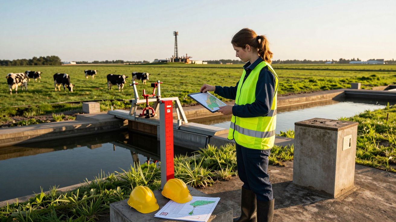Mulher com colete refletor analisa mapas num campo com vacas e canal de irrigação ao entardecer.