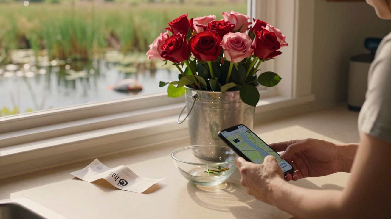 Pessoa usa smartphone junto a um vaso de rosas vermelhas na bancada da cozinha, com vista para um lago pela janela.