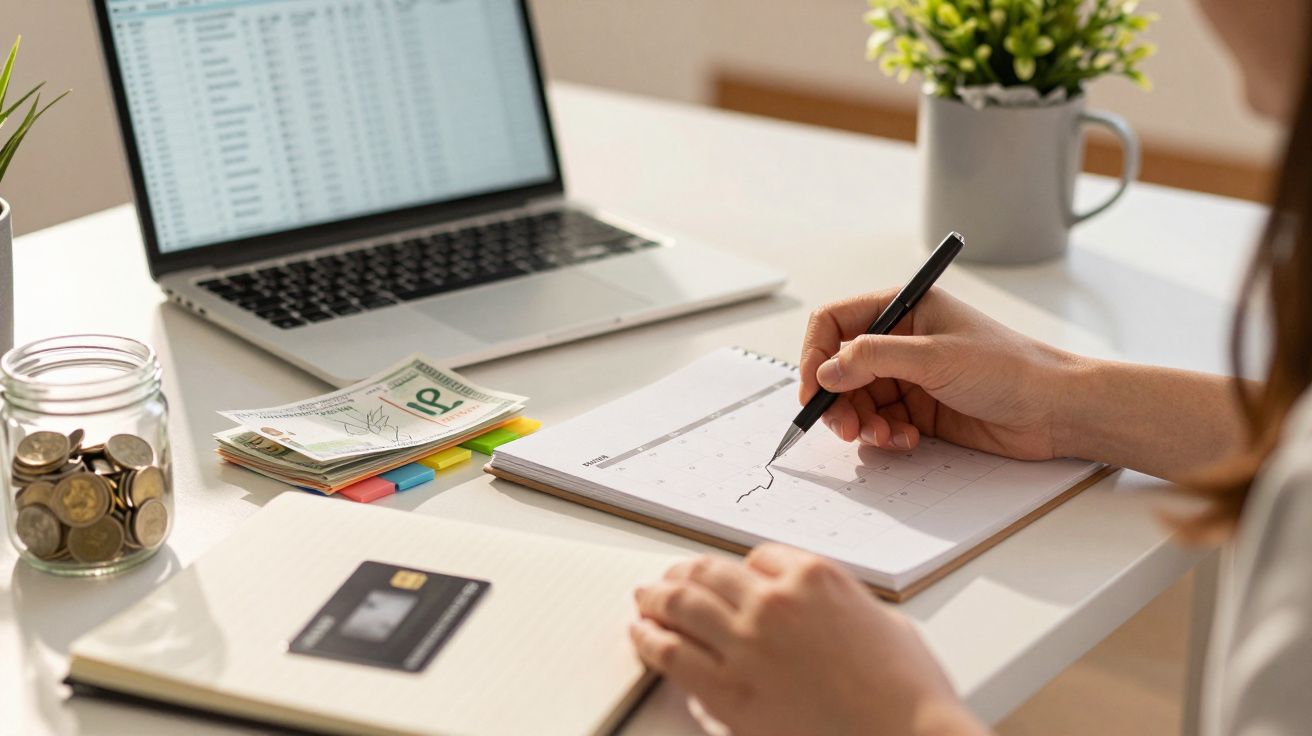 Pessoa escreve num calendário em mesa com portátil, dinheiro, cartão de crédito e jarra com planta.