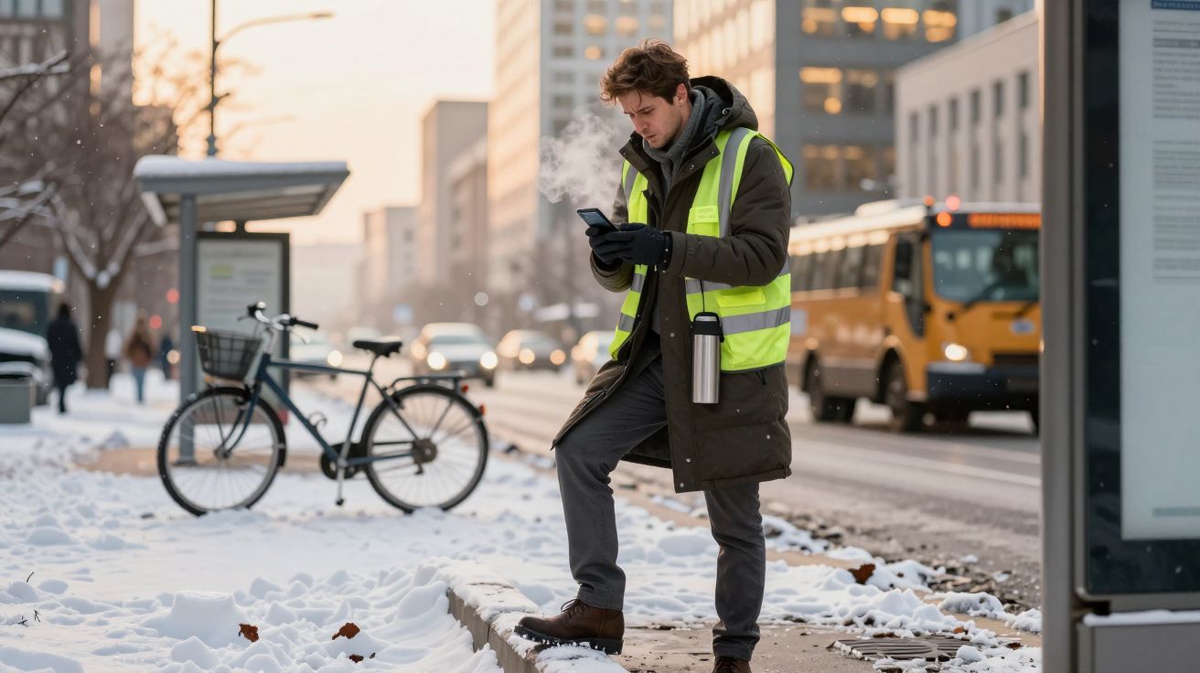 Homem com colete refletor usa telemóvel em rua nevada, com bicicleta e autocarro ao fundo.