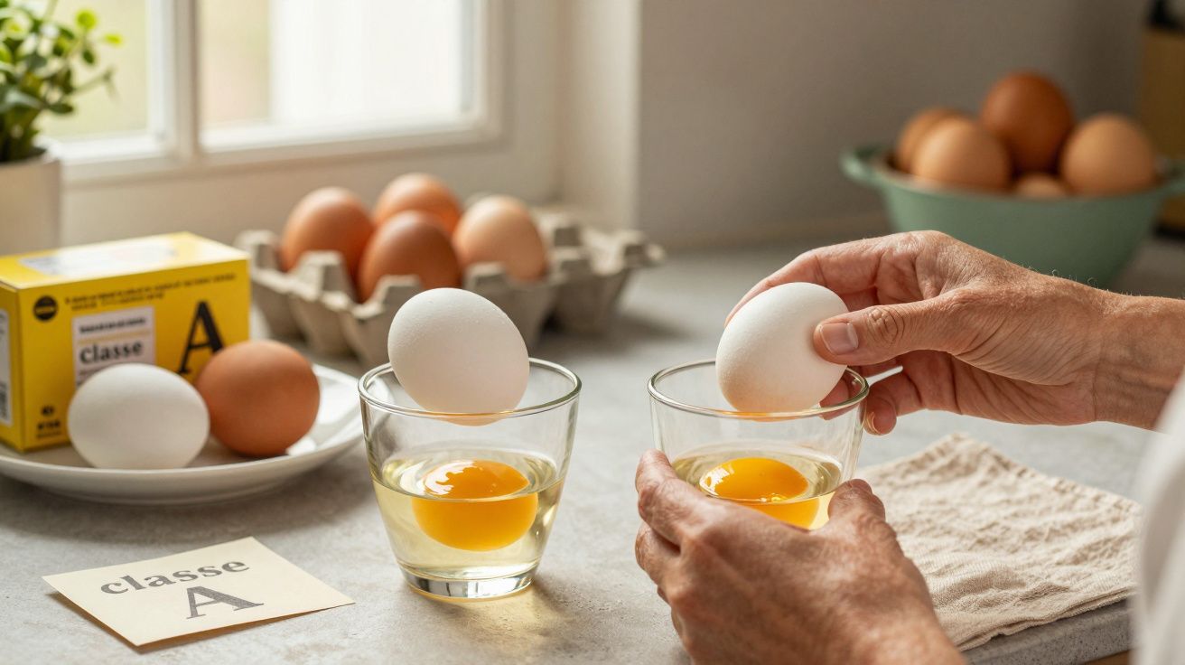 Mãos segurando ovos em copos com gemas, com uma caixa de ovos classe A e diversos ovos ao fundo na cozinha.