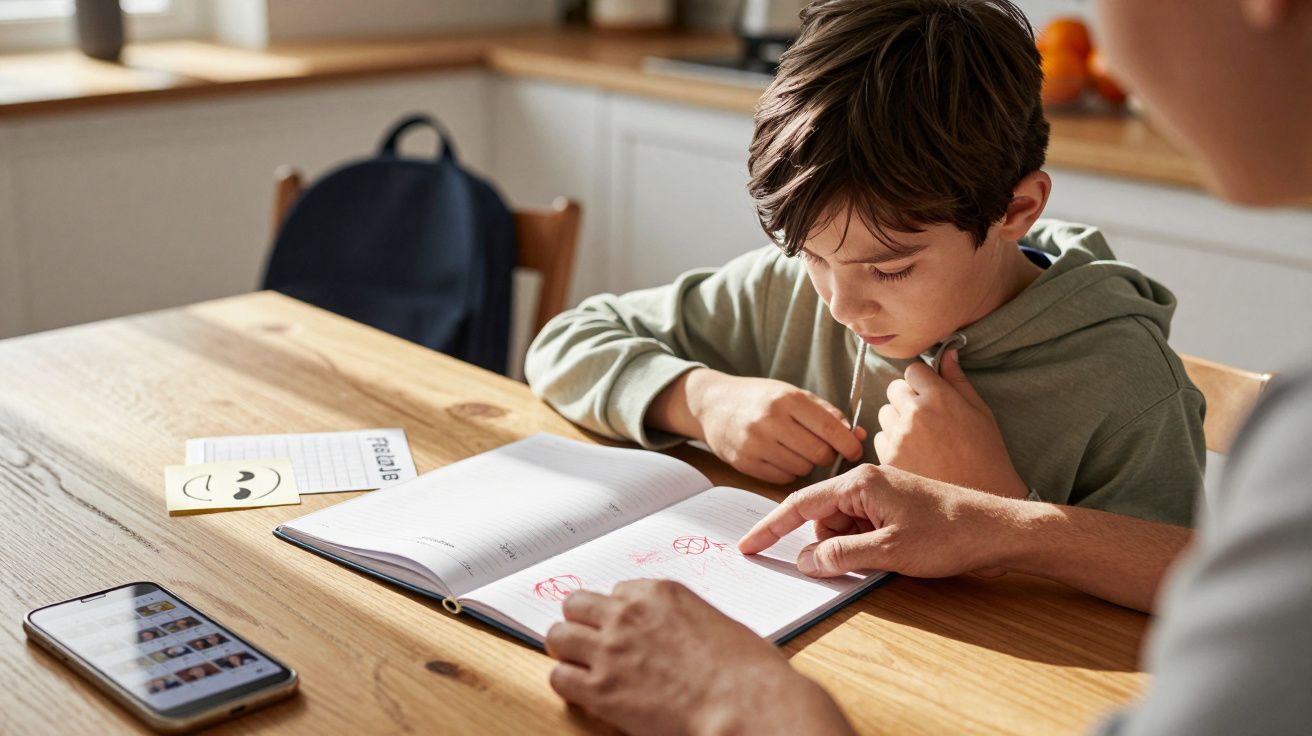 Criança a estudar com a ajuda de um adulto, sentados à mesa, com livro aberto, telemóvel e mochila visíveis.