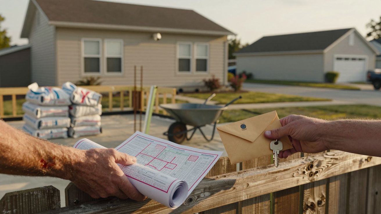Duas mãos trocam um envelope e chaves sobre uma vedação, com plantas de construção ao fundo e uma casa.
