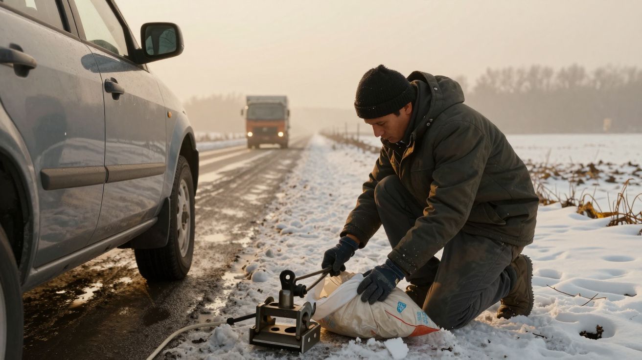 Homem troca pneu de um carro à beira de uma estrada coberta de neve, com um camião ao fundo.