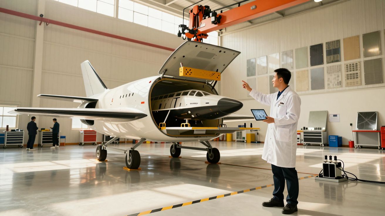 Engenheiro inspeciona peça do avião em hangar, usando tablet e apontando para equipamento suspenso.
