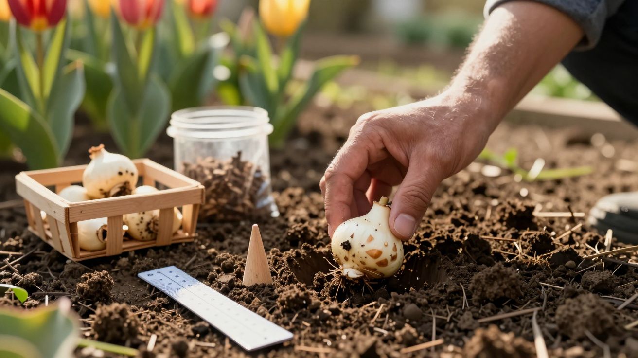 Mão a plantar bolbo de flor em terra, com régua e cesto de bolbos ao lado, num jardim com tulipas ao fundo.