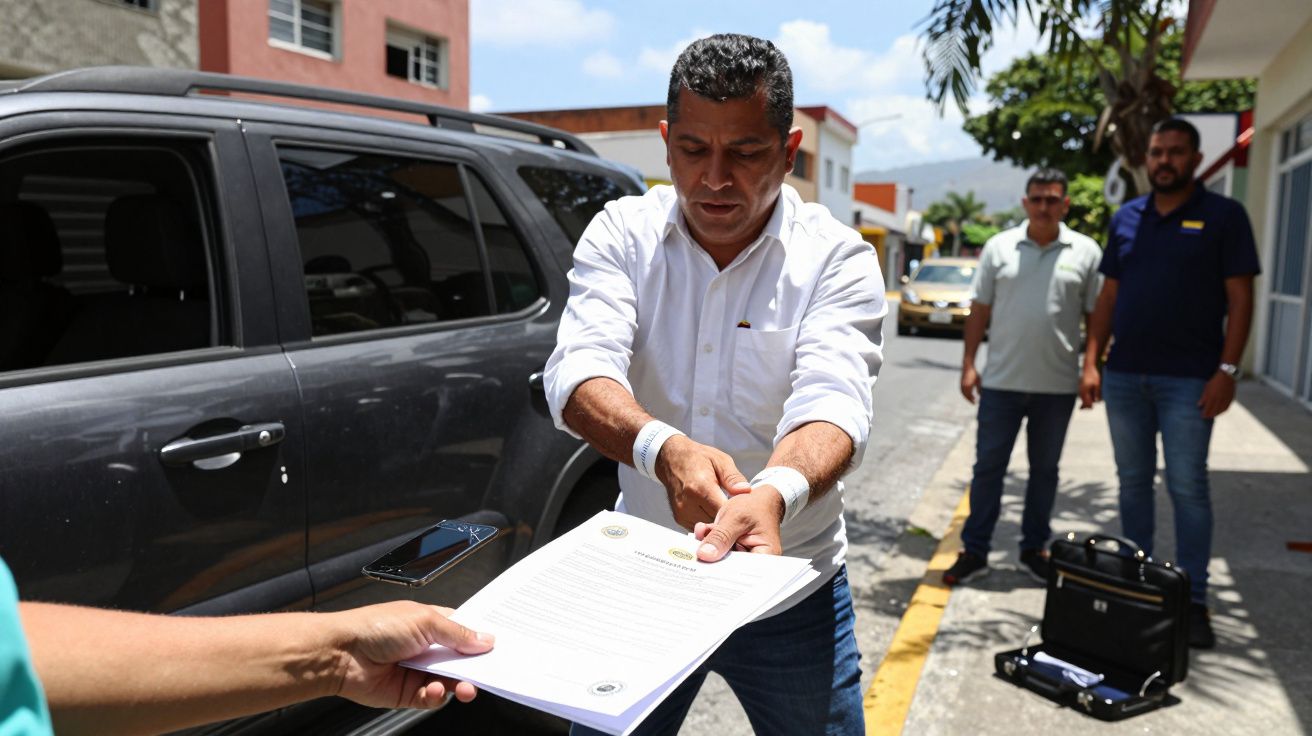 Homem de camisa branca recebe documento na rua, ao lado de SUV cinza, com duas pessoas ao fundo.