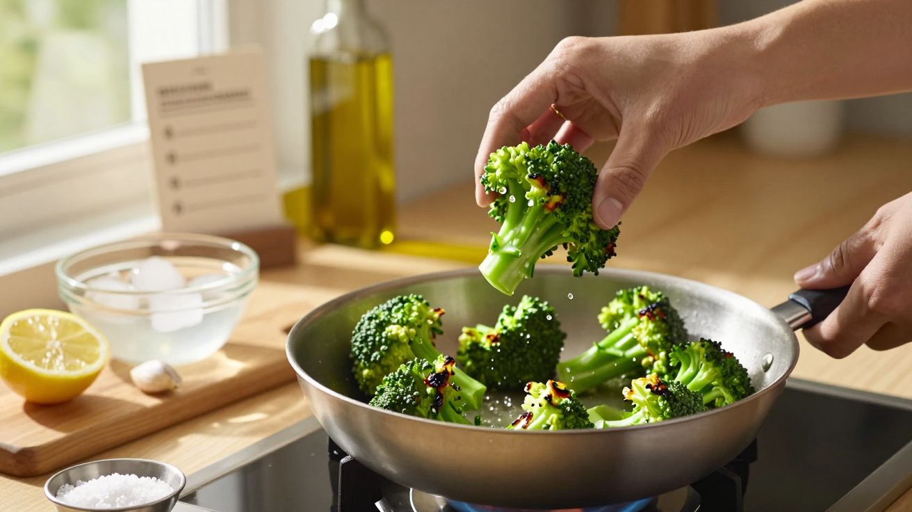 Mão coloca brócolos numa frigideira em lume brando, com limão e óleo ao fundo na bancada da cozinha.