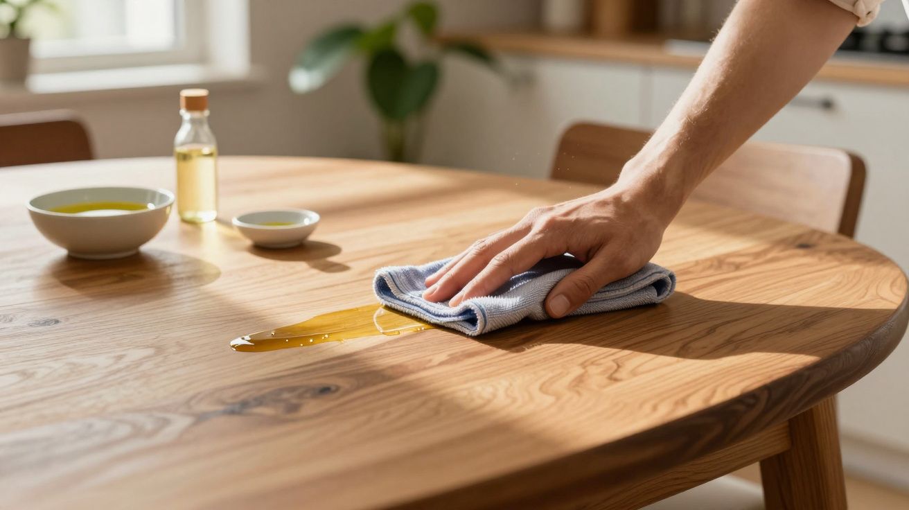 Mão a limpar azeite derramado numa mesa de madeira com um pano; fundo desfocado com garrafa e tigela.