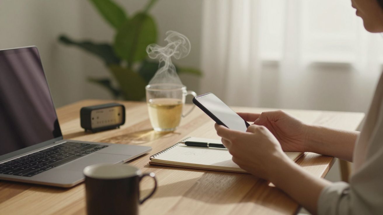 Pessoa segurando smartphone numa mesa com computador portátil, caderno, caneca e chá a fumegar.