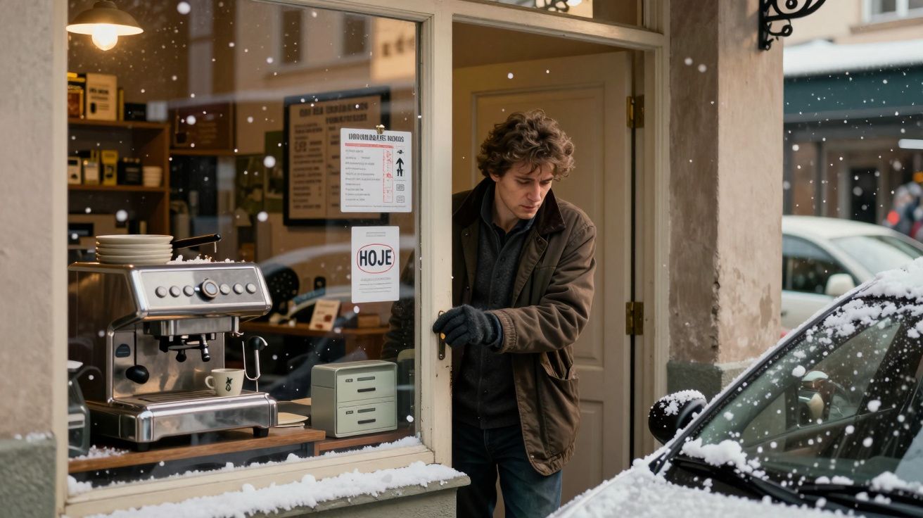 Homem a sair de uma loja de café, vestindo casaco e luvas, com neve no chão e carro coberto de neve ao lado.