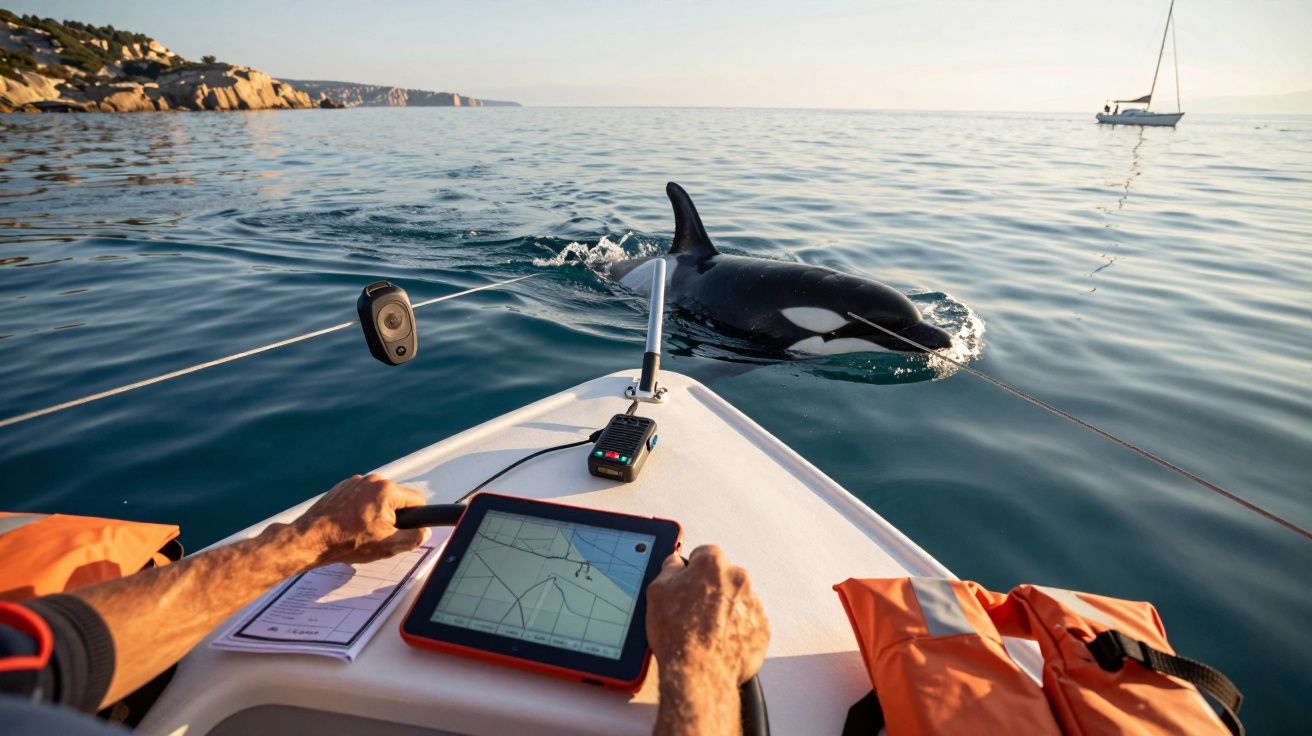 Pessoa em barco a motor com tablet, observa orca a nadar perto na água, com um veleiro ao fundo.