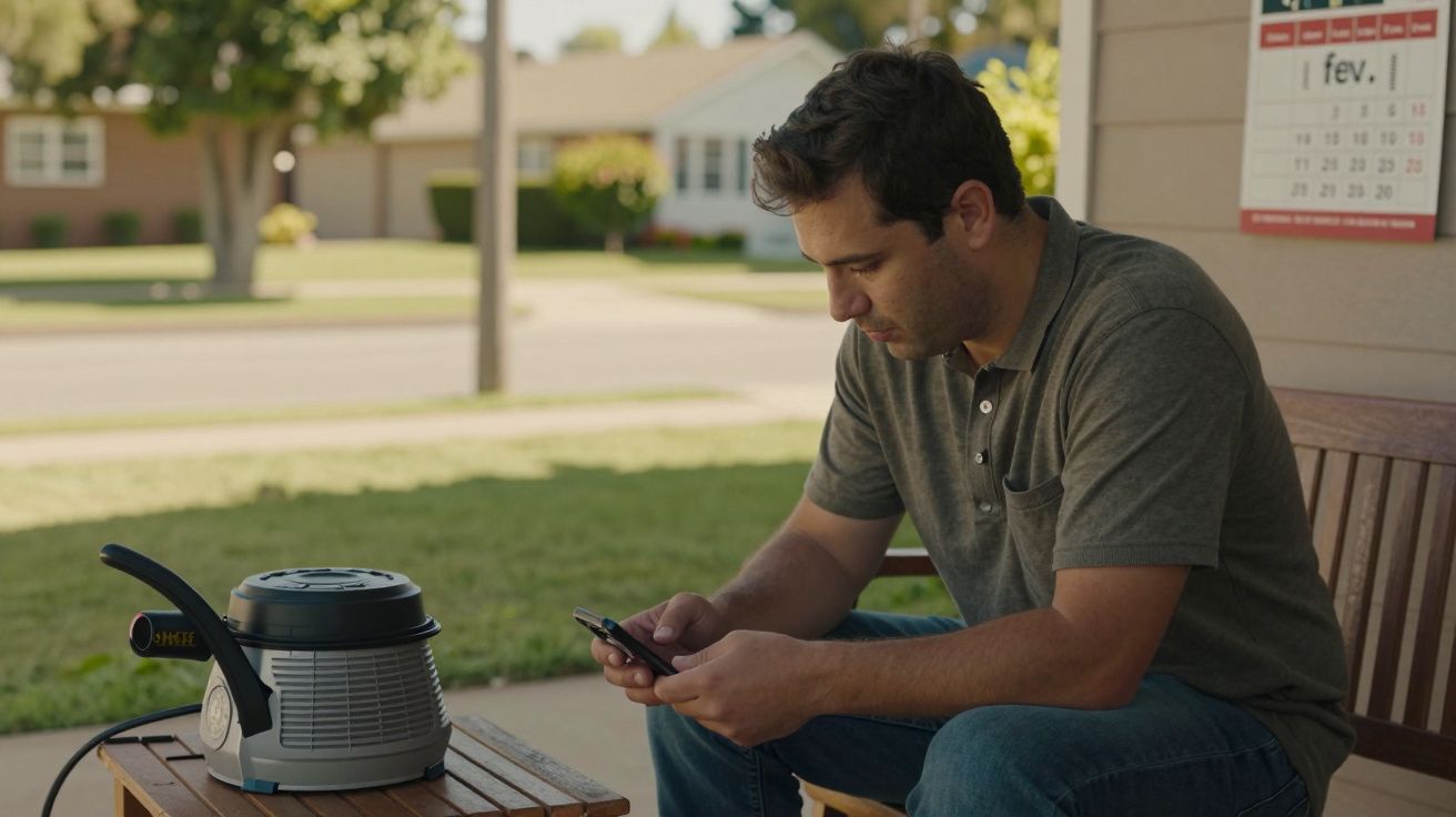 Homem sentado no alpendre, olhando para o telemóvel, com um aparelho ao lado. Casas e árvores ao fundo.