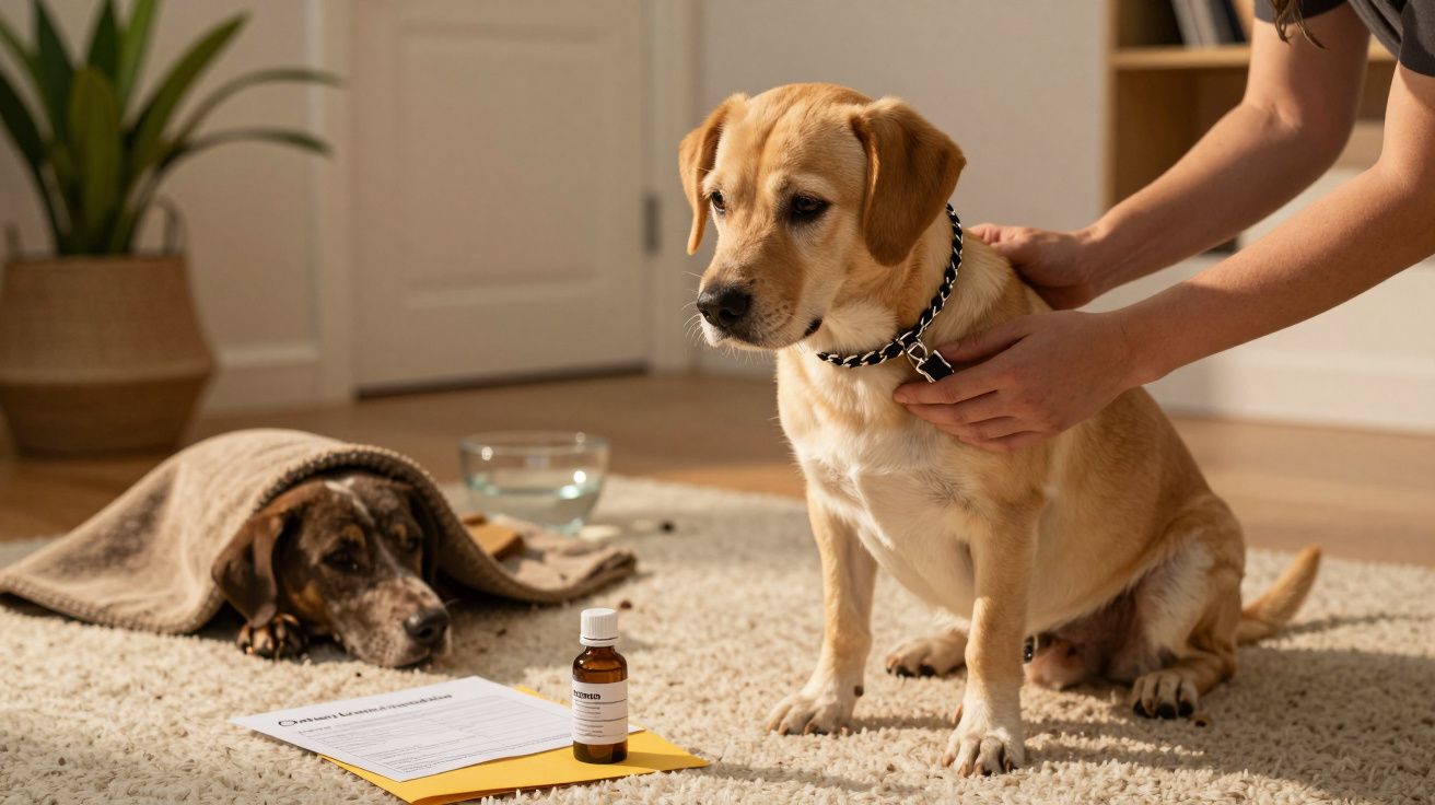 Dois cães em casa, um deitado debaixo de uma manta e outro sentado, com um frasco de medicamento e papéis no chão.