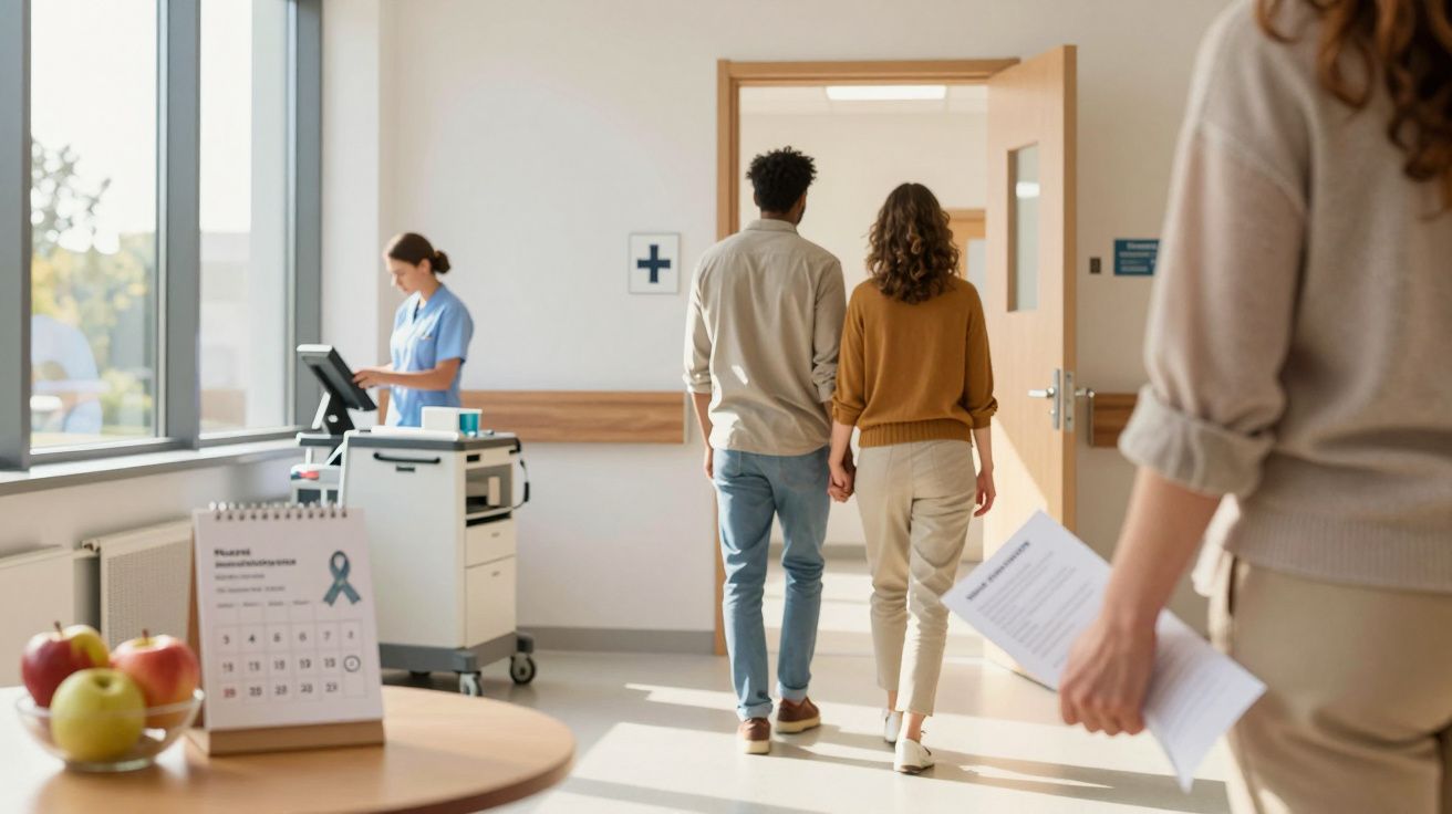 Casal caminha por corredor de hospital; enfermeira usa computador. Um calendário e maçãs estão numa mesa.