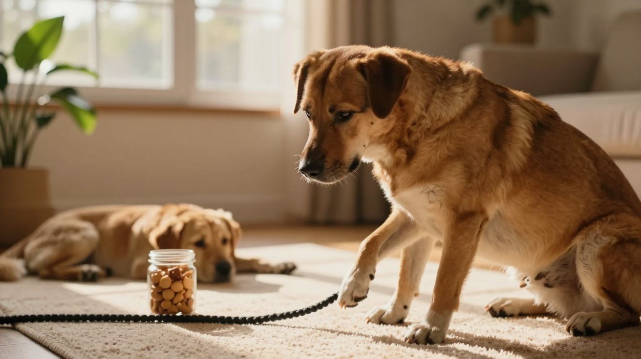 Dois cães observam um frasco de biscoitos no chão de uma sala iluminada pelo sol.