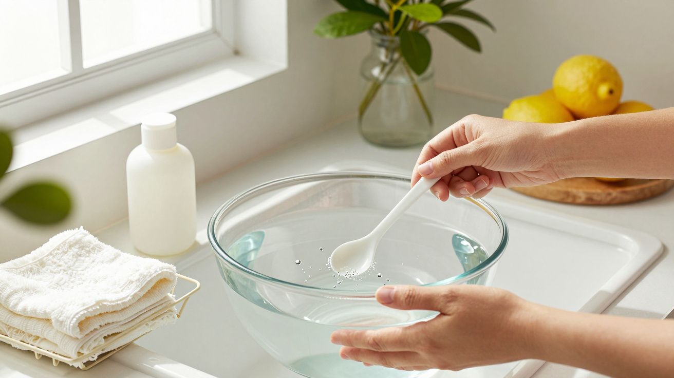 Mãos misturam líquido numa taça de vidro sobre uma pia, com toalhas, garrafa e limões ao fundo.