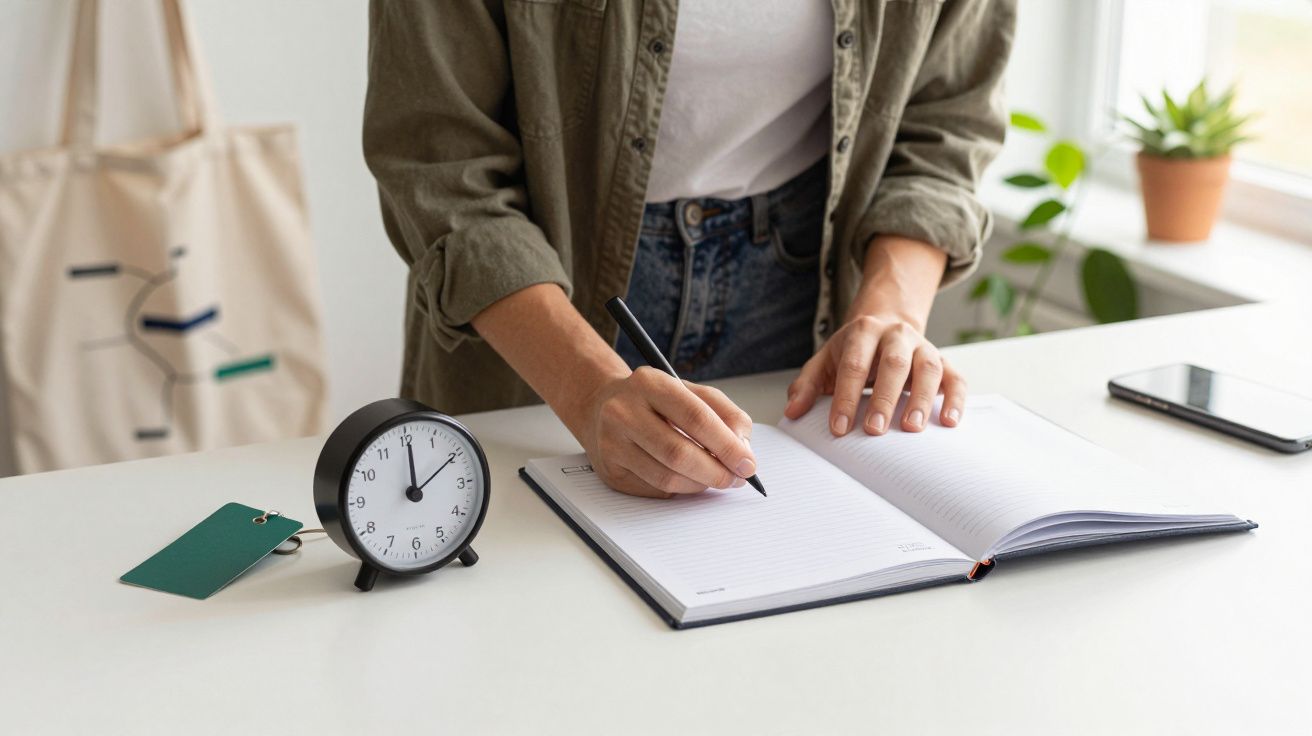 Pessoa escreve num bloco de notas em cima da mesa, perto de um relógio, smartphone e planta.