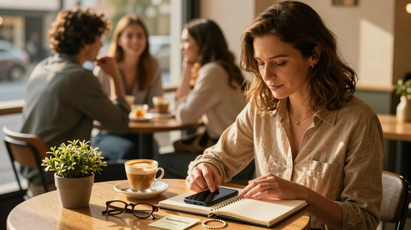 Mulher à mesa de café com smartphone e caderno, enquanto outras pessoas conversam ao fundo.