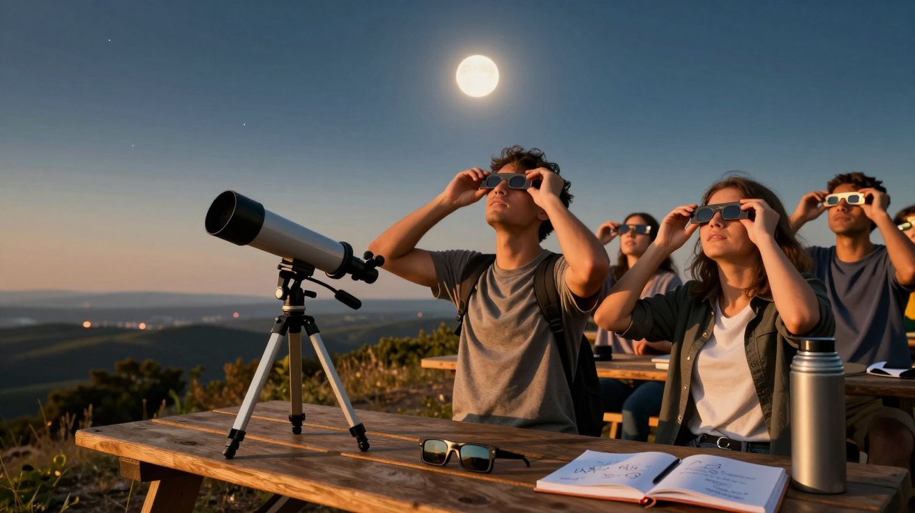 Grupo a observar o céu noturno com telescópio e óculos, sob a luz da lua cheia, em ambiente ao ar livre.