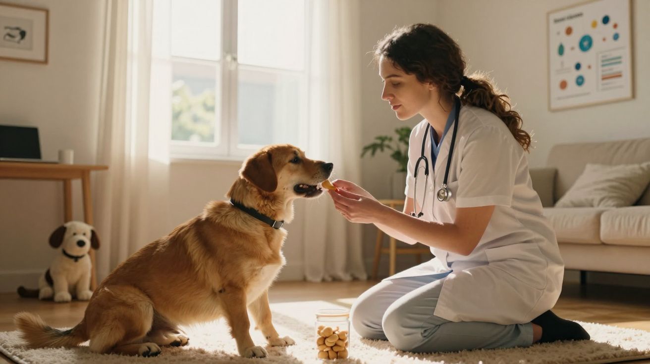 Veterinária cuida de um cão, oferecendo biscoito em sala iluminada.