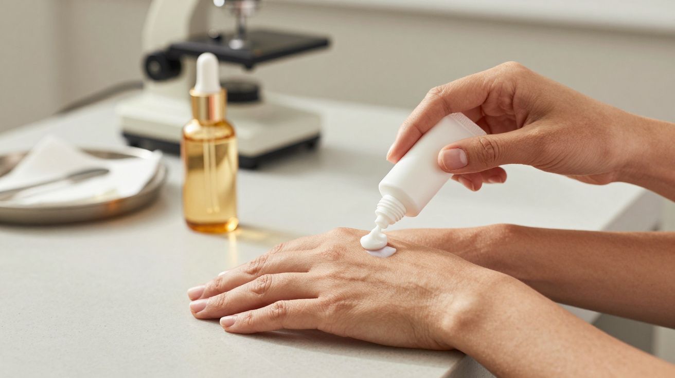 Pessoa aplica creme na mão sobre uma bancada, com frasco de sérum e microscópio ao fundo.