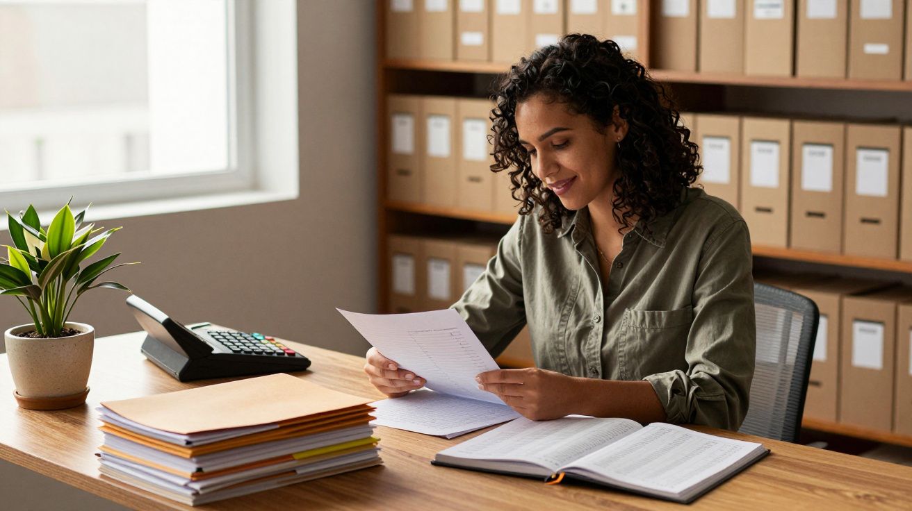 Mulher sentada em mesa de escritório lendo documento, rodeada por livros e caixas de arquivo, com planta ao lado.