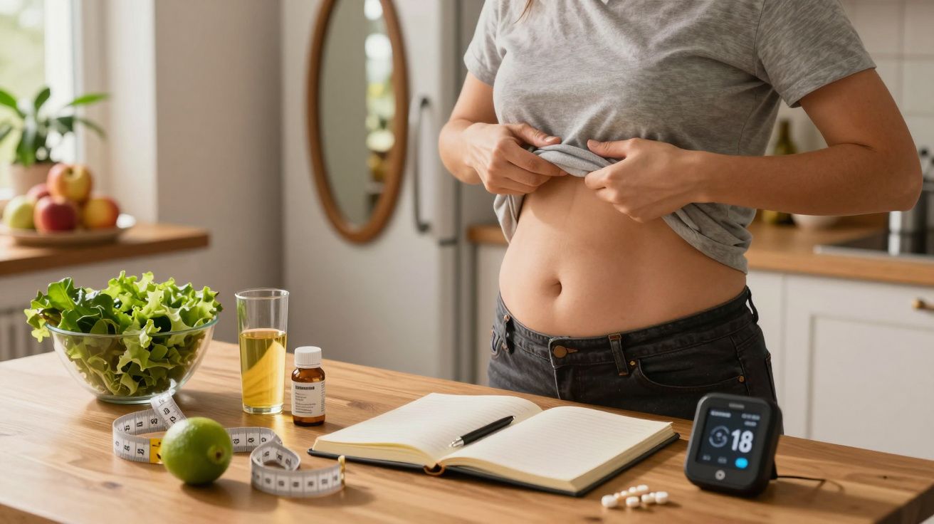 Mulher em pé na cozinha examina o abdómen, rodeada por blocos de notas, salada, comprimidos e medidor de glicose.