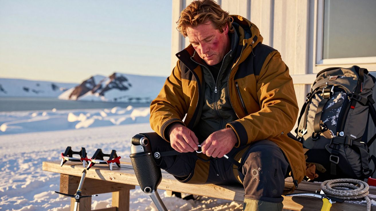 Homem-loiro com prótese na perna sentado num banco de madeira, paisagem nevada ao fundo, mochila ao lado.