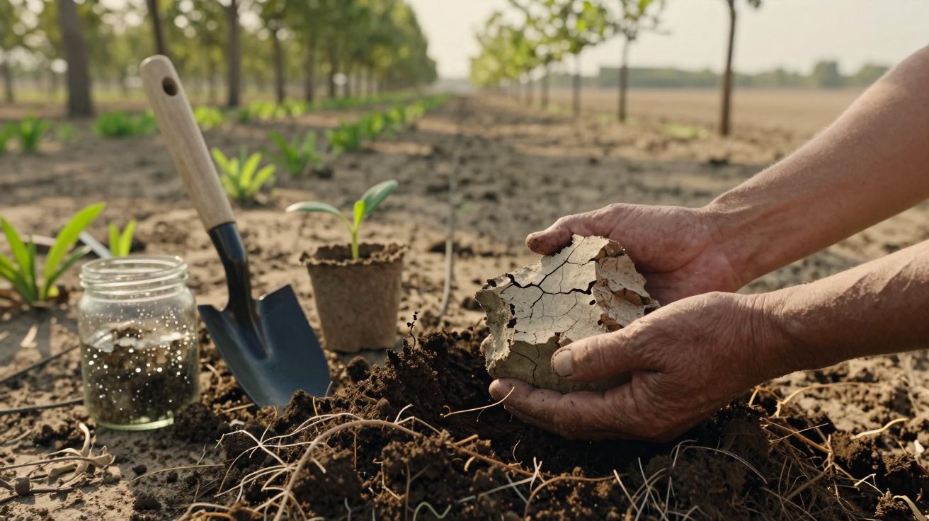 Mãos segurando terra seca numa plantação, com ferramentas de jardim e uma muda de planta ao lado.