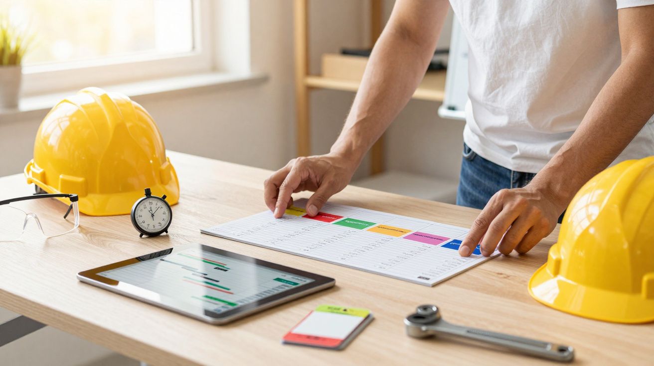 Homem analisa planificação em secretária com capacetes de segurança, tablet, relógio, óculos e chave inglesa.