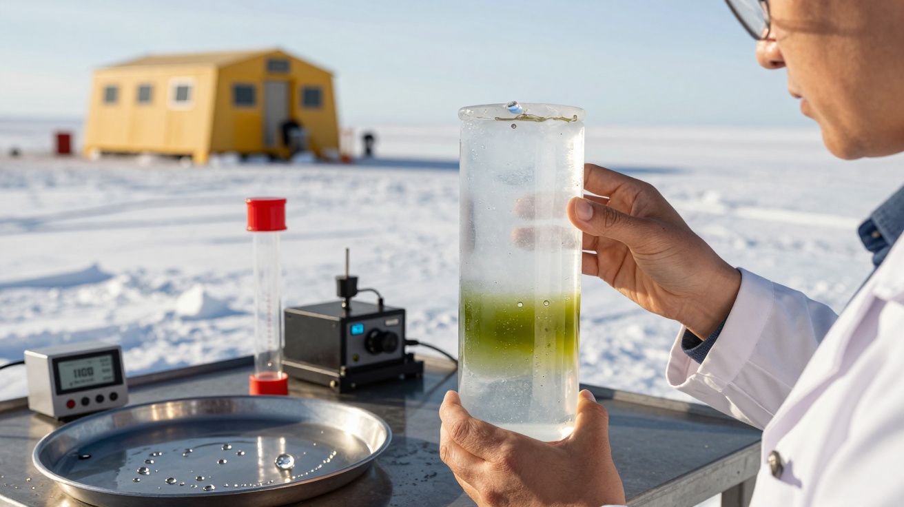 Cientista analisa amostra de gelo no exterior; ao fundo, uma cabana amarela no ambiente gelado e ensolarado.