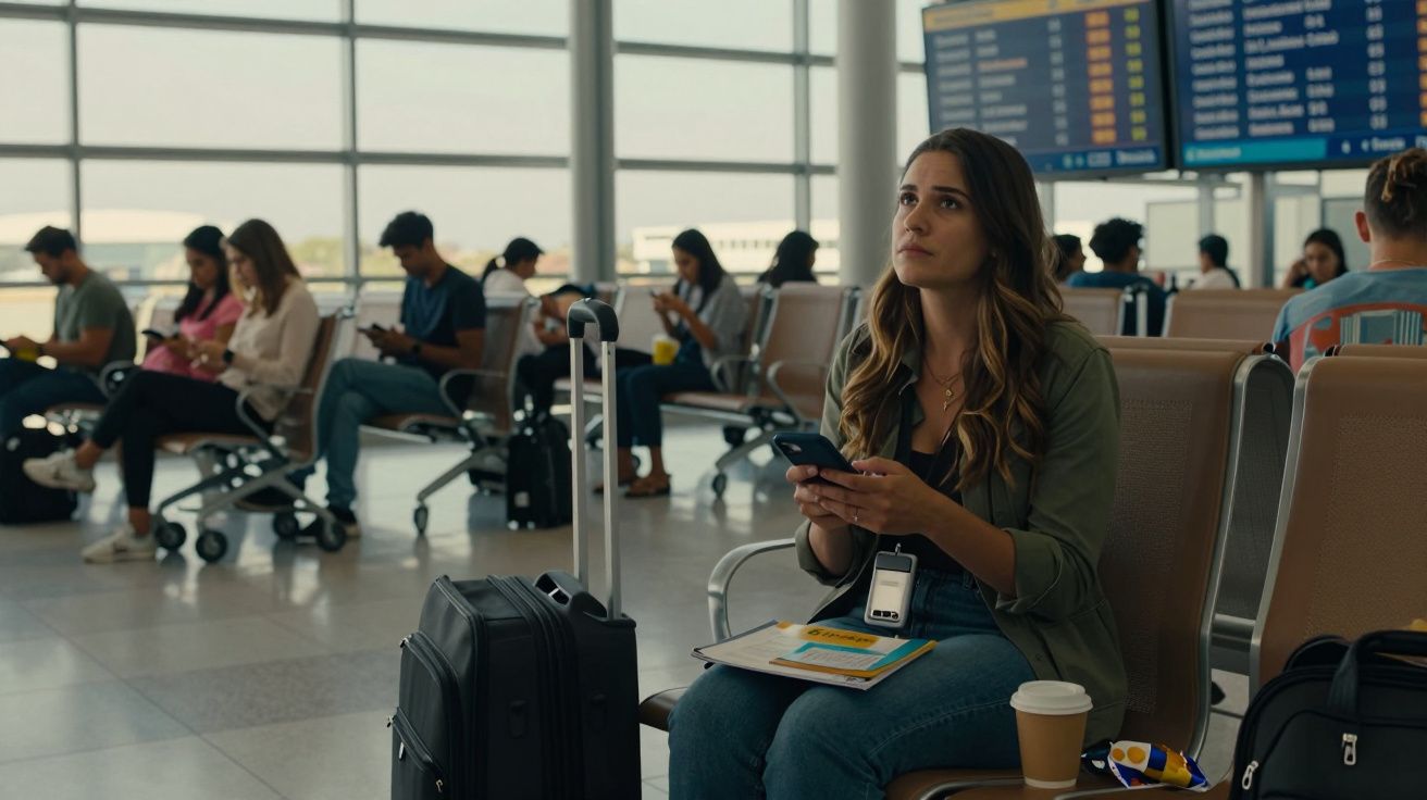 Mulher sentada no aeroporto, segurando telemóvel com bagagem ao lado. Painel de voos ao fundo.