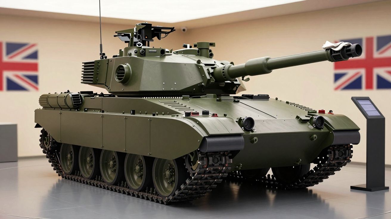 Tanque militar verde em exposição num museu, com bandeiras britânicas ao fundo.