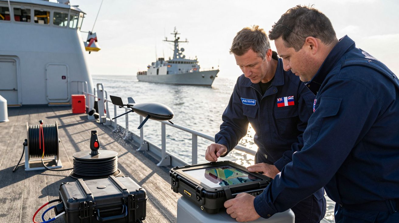 Dois homens em uniforme naval usam dispositivo numa embarcação; navio aparece ao fundo no horizonte.