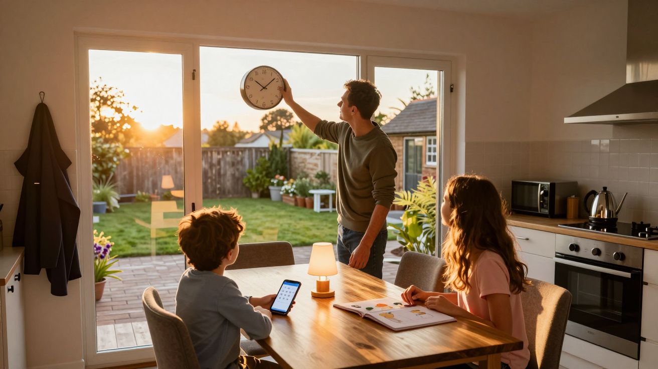 Família na cozinha, homem ajustando relógio na parede enquanto duas crianças estão sentadas à mesa ao pôr do sol.