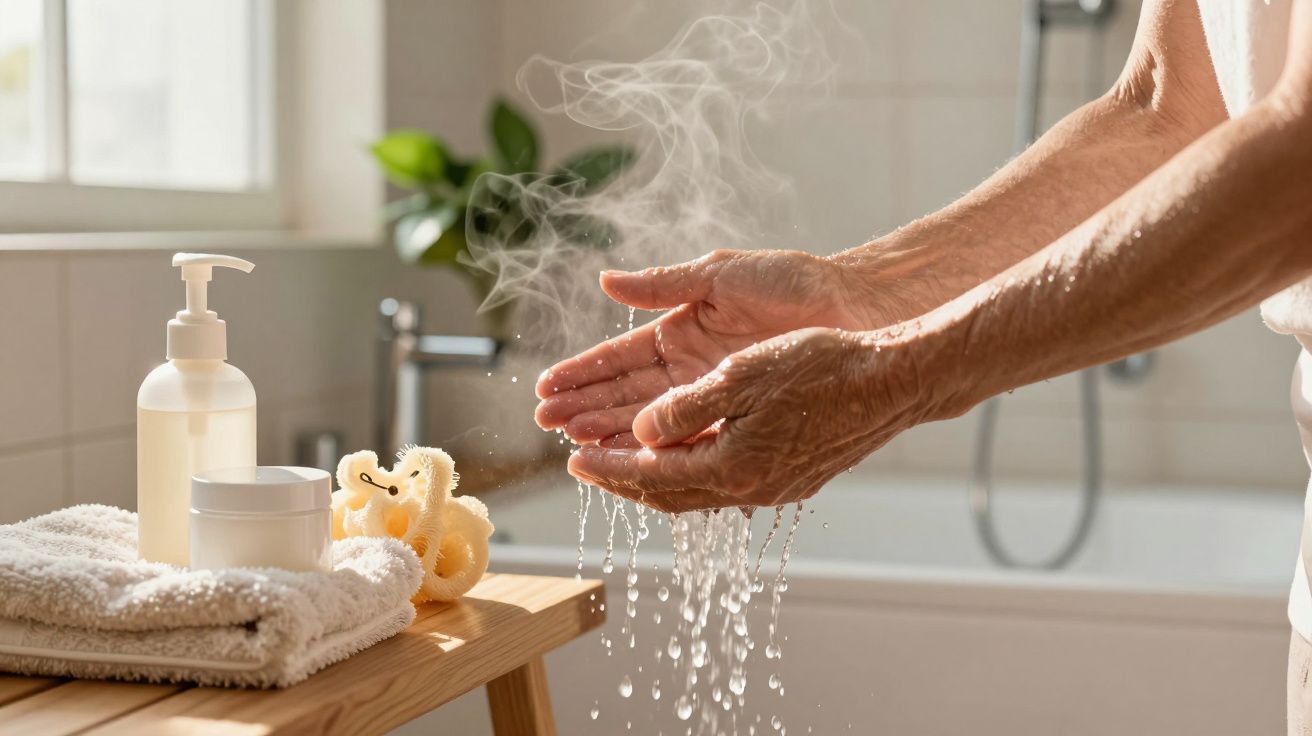 Mãos adultas com água quente a escorrer, junto a toalha, sabonete e esponja numa casa de banho iluminada pelo sol.
