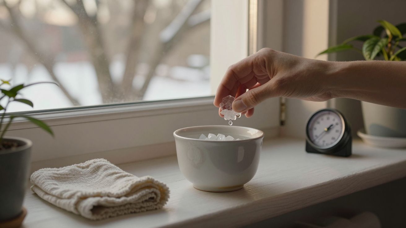 Mão coloca cubos de gelo numa tigela branca numa janela, com relógio analógico e toalha ao lado.