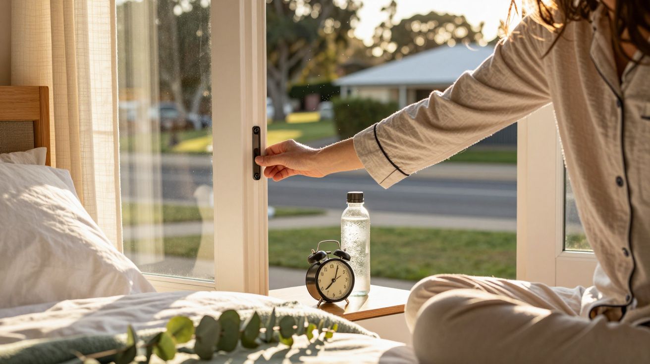 Pessoa em pijama abre janela ao lado da cama com garrafa de água e despertador, manhã ensolarada ao fundo.