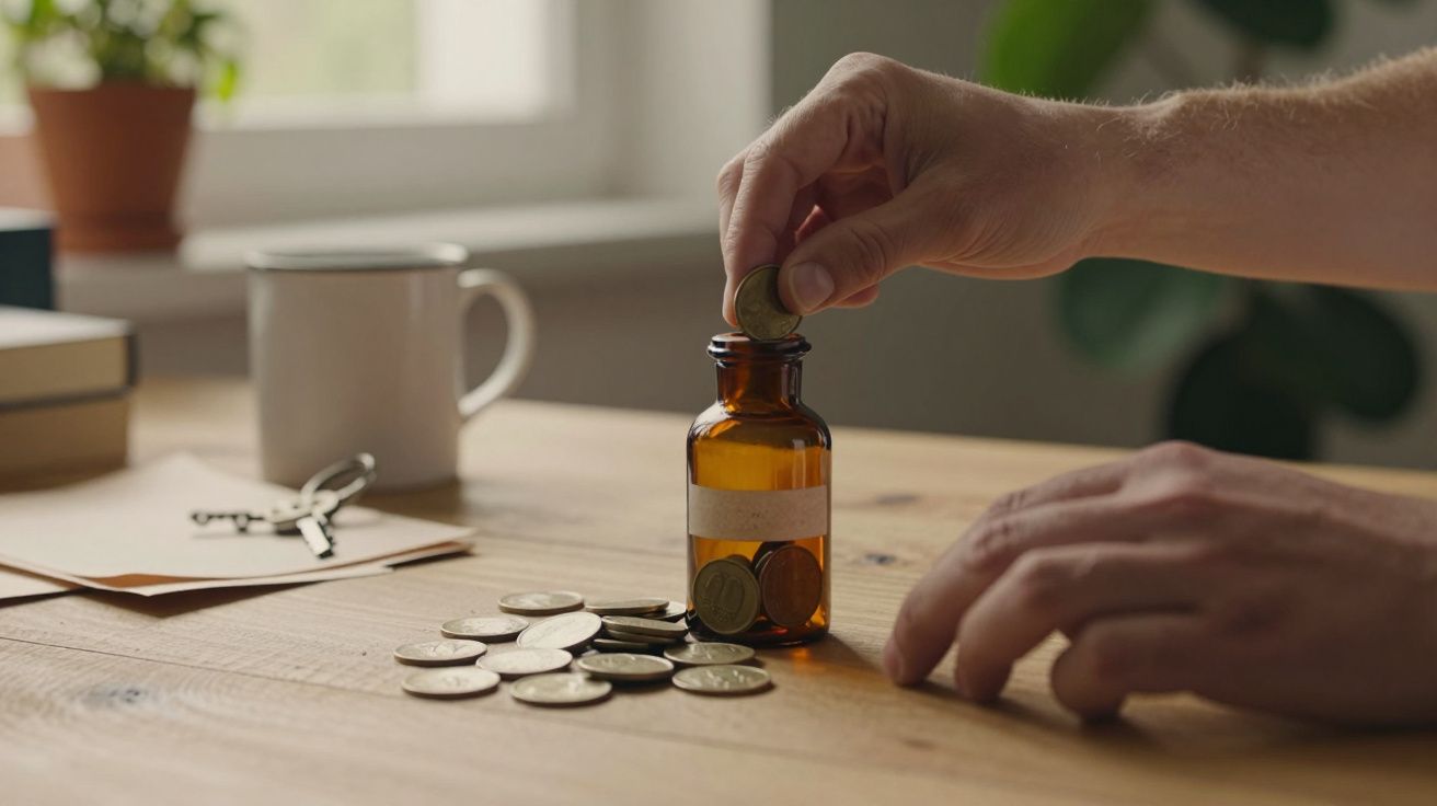 Mãos colocando moedas num frasco de vidro sobre uma mesa de madeira, com chávena e documentos ao fundo.