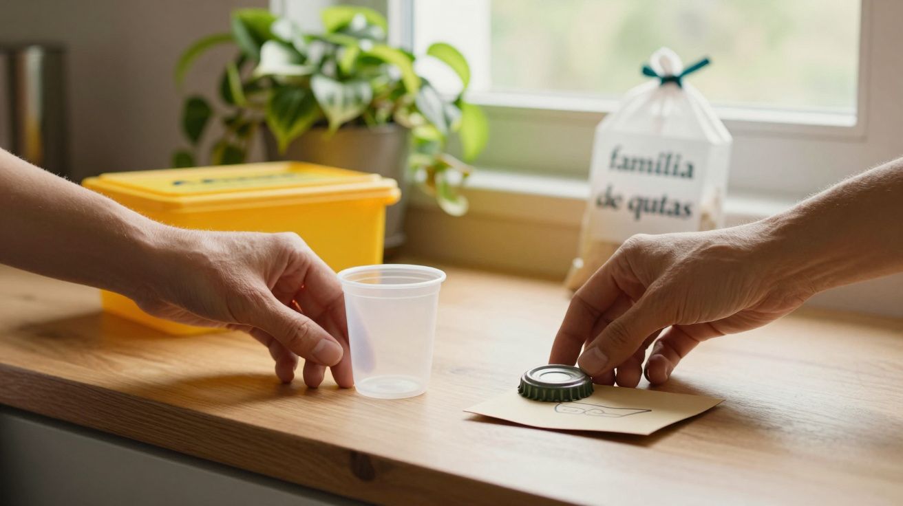 Duas mãos alcançando um copo de plástico e uma tampa em cima de um envelope, com plantas e caixa amarela ao fundo.