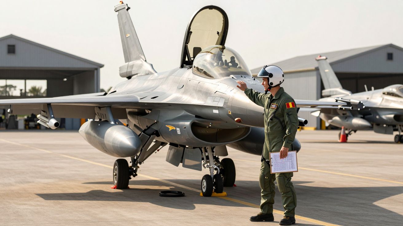 Piloto ao lado de caça F-16 em base aérea, com hangares ao fundo, segurando um capacete e lista de verificação.