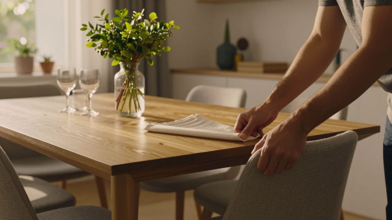 Pessoa a preparar mesa de jantar com flores, copos de vinho e guardanapos.