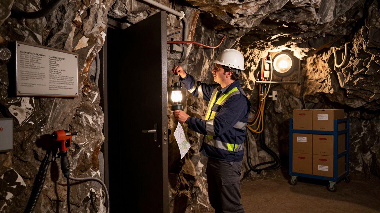 Homem com capacete e colete reflexivo inspeciona equipamento em túnel subterrâneo iluminado, com carrinho de caixas ao fundo.